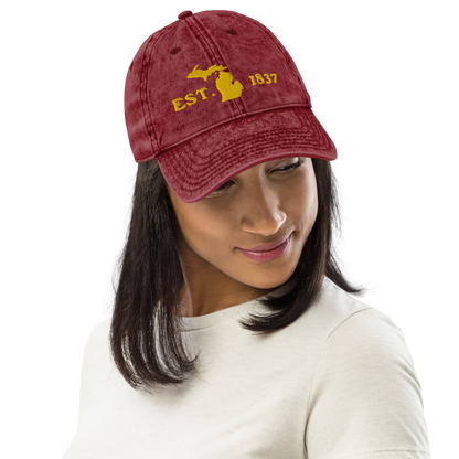 Michigan 'EST 1837' Vintage Baseball Cap (Woodcut Font w/ MI Outline) | Gold Embroidery