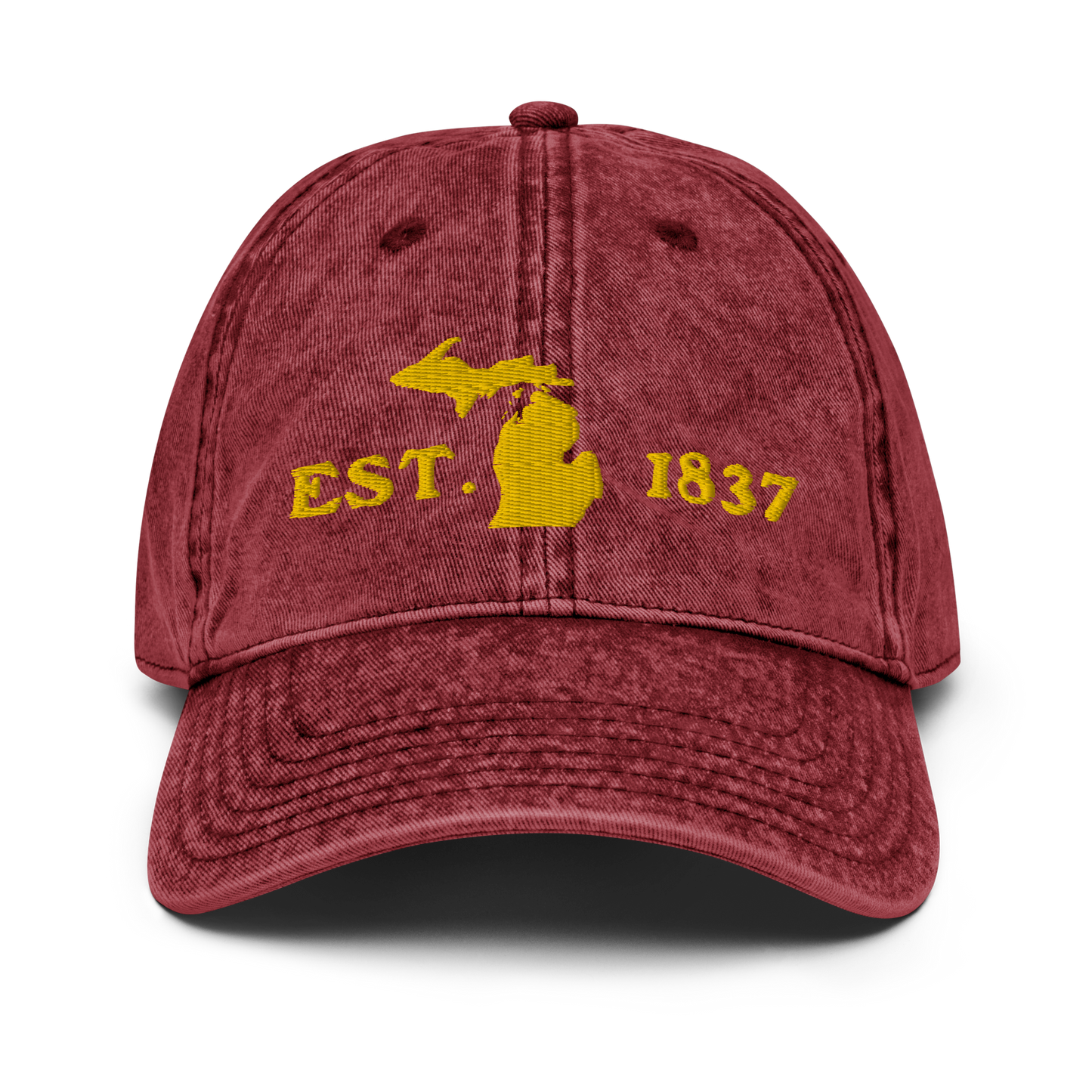 Michigan 'EST 1837' Vintage Baseball Cap (Woodcut Font w/ MI Outline) | Gold Embroidery