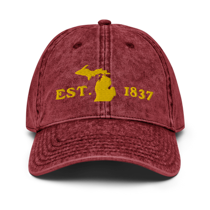 Michigan 'EST 1837' Vintage Baseball Cap (Woodcut Font w/ MI Outline) | Gold Embroidery