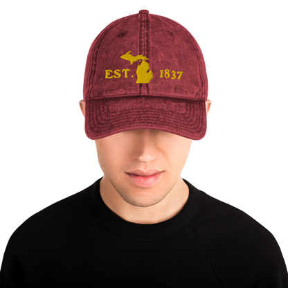 Michigan 'EST 1837' Vintage Baseball Cap (Woodcut Font w/ MI Outline) | Gold Embroidery