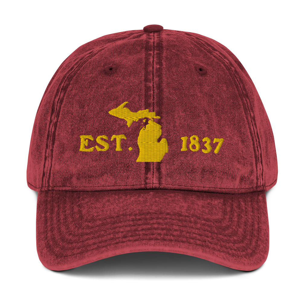 Michigan 'EST 1837' Vintage Baseball Cap (Woodcut Font w/ MI Outline) | Gold Embroidery