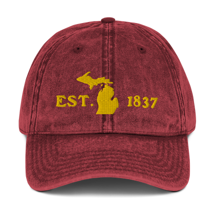 Michigan 'EST 1837' Vintage Baseball Cap (Woodcut Font w/ MI Outline) | Gold Embroidery