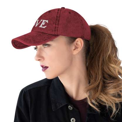 Michigan 'Love' Vintage Baseball Cap (Woodcut Font) | White Embroidery