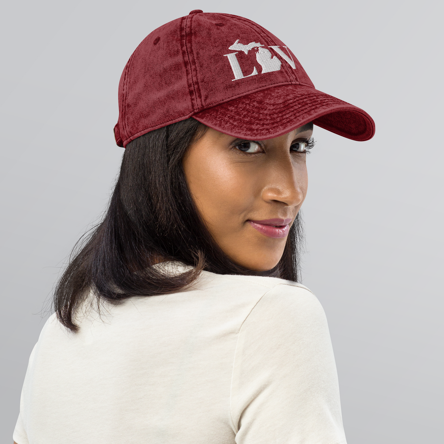 Michigan 'Love' Vintage Baseball Cap (Didone Font) | White Embroidery