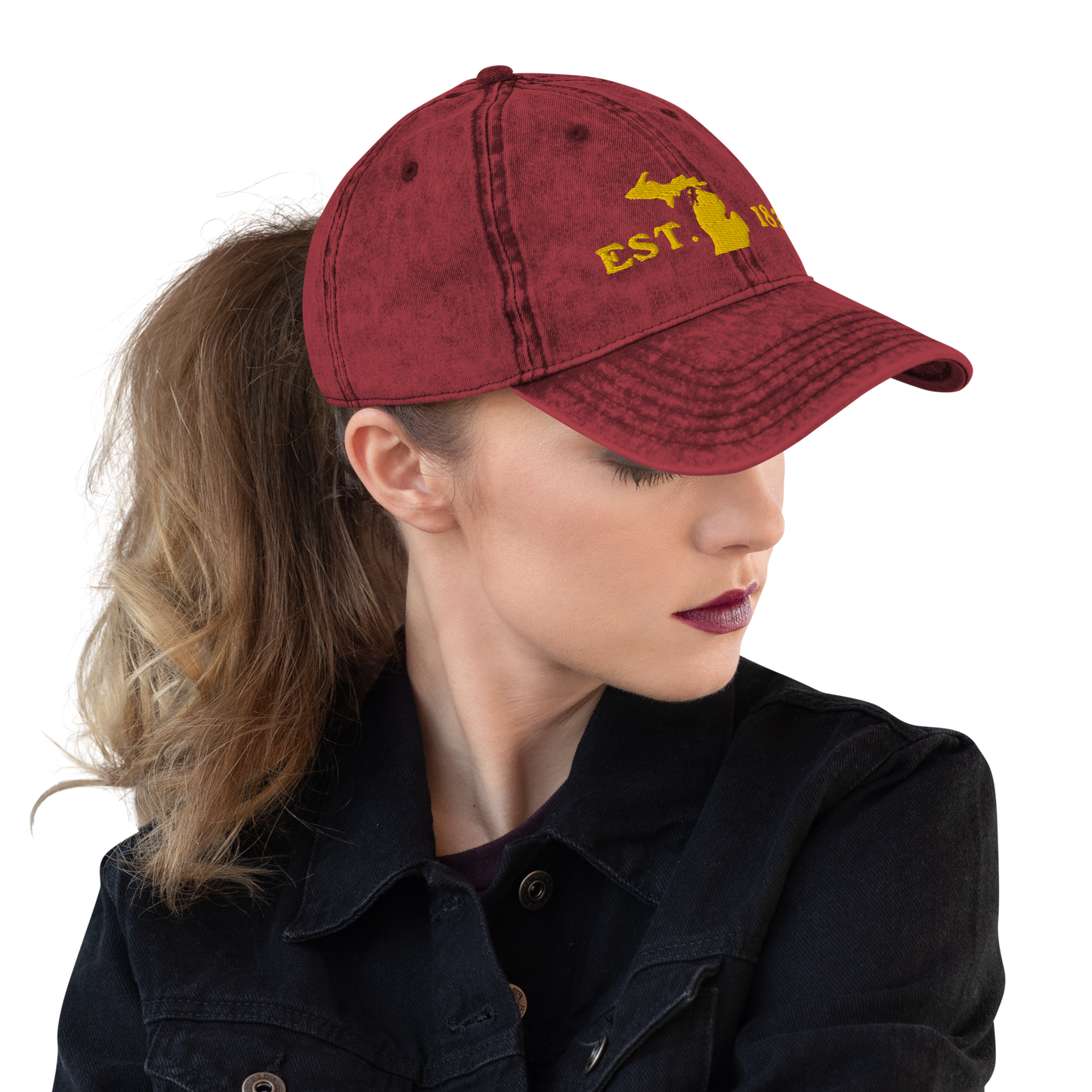 Michigan 'EST 1837' Vintage Baseball Cap (Woodcut Font w/ MI Outline) | Gold Embroidery