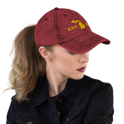 Michigan 'EST 1837' Vintage Baseball Cap (Woodcut Font w/ MI Outline) | Gold Embroidery