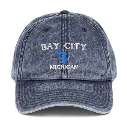 'Bay City Michigan' Vintage Baseball Cap (w/ Michigan Outline)