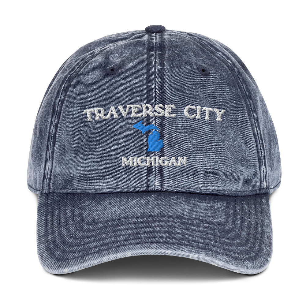 'Traverse City Michigan' Vintage Baseball Cap (w/ Michigan Outline)