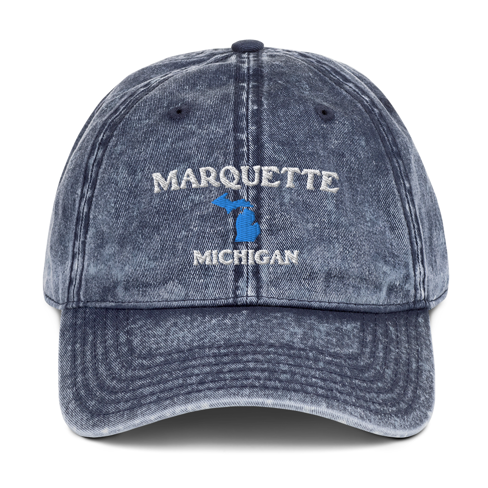 'Marquette Michigan' Vintage Baseball Cap (w/ Michigan Outline)