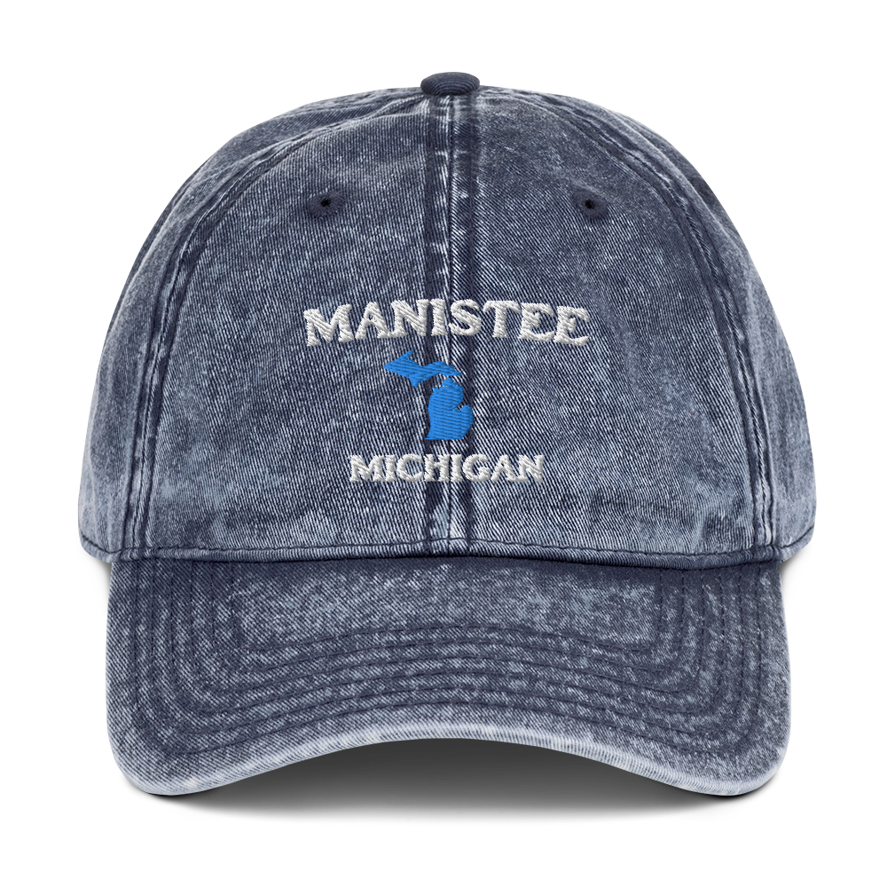 'Manistee Michigan' Vintage Baseball Cap (w/ Michigan Outline)