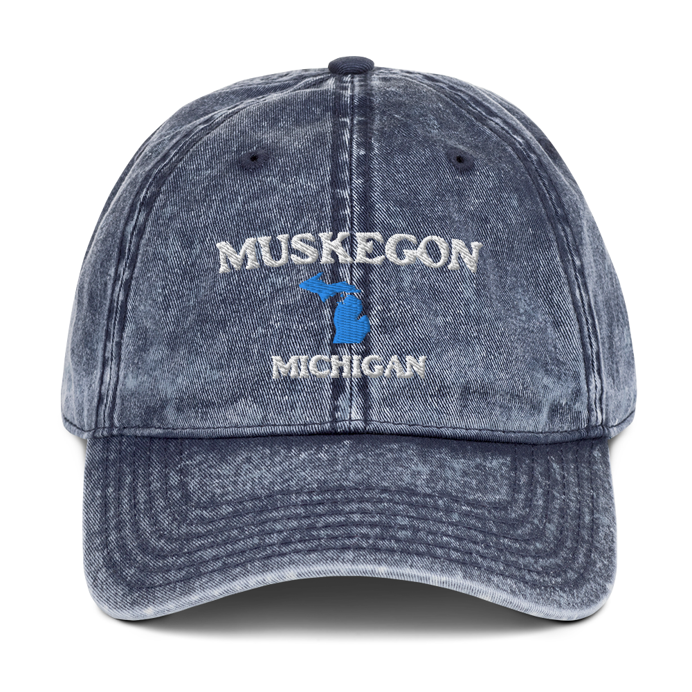 'Muskegon Michigan' Vintage Baseball Cap (w/ Michigan Outline)