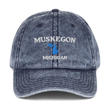 'Muskegon Michigan' Vintage Baseball Cap (w/ Michigan Outline)