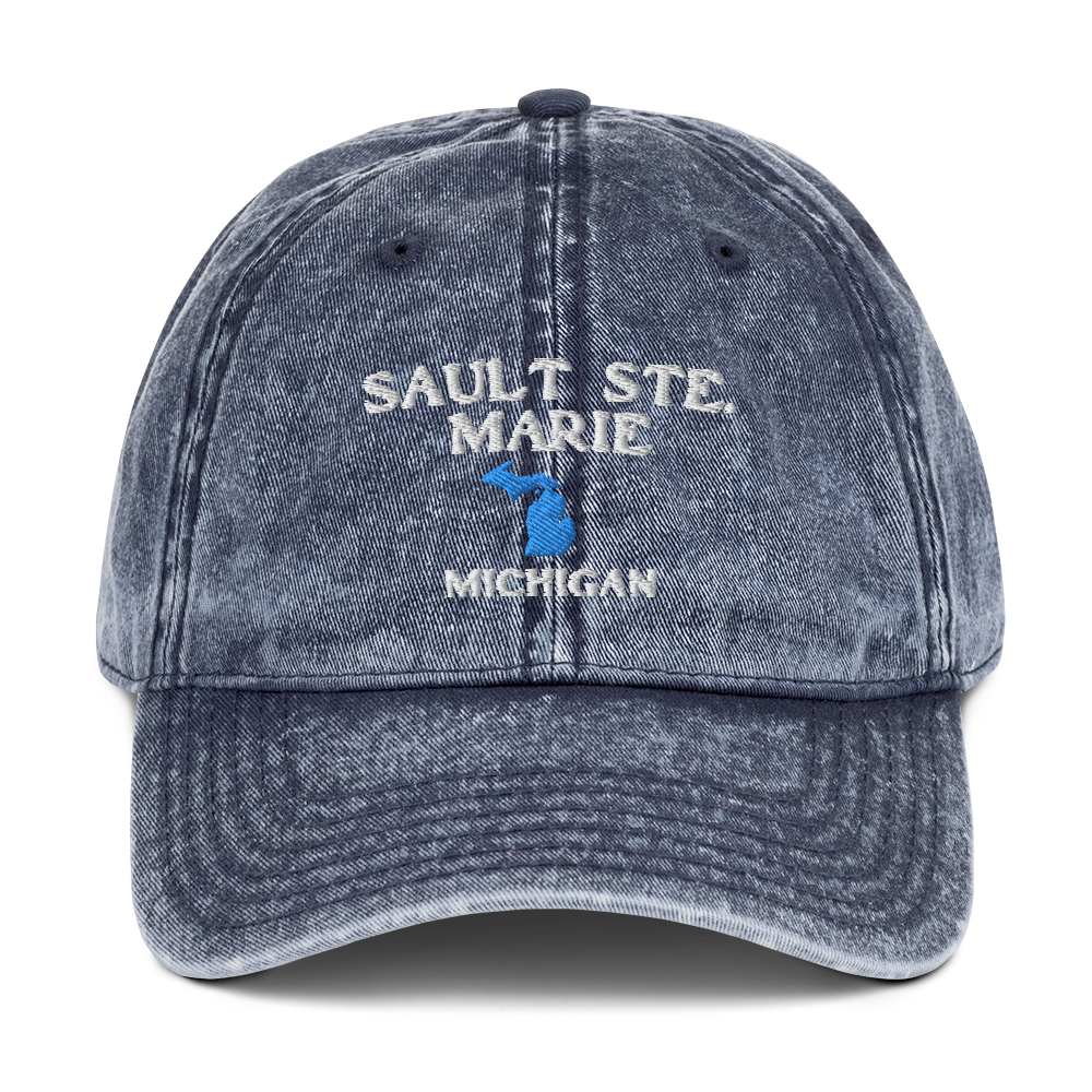 'Sault Ste. Marie' Vintage Baseball Cap (w/ Michigan Outline)