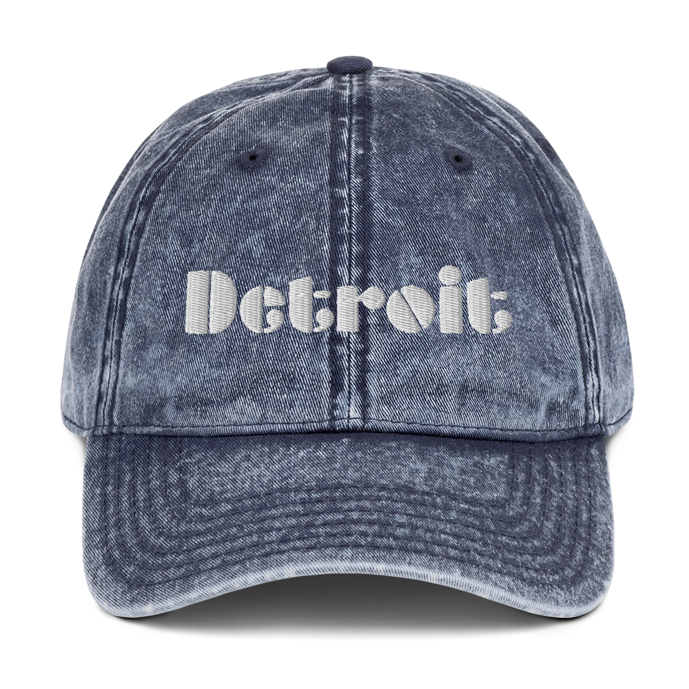 'Detroit' Vintage Baseball Cap (Art Deco Font) | White/Black Embroidery