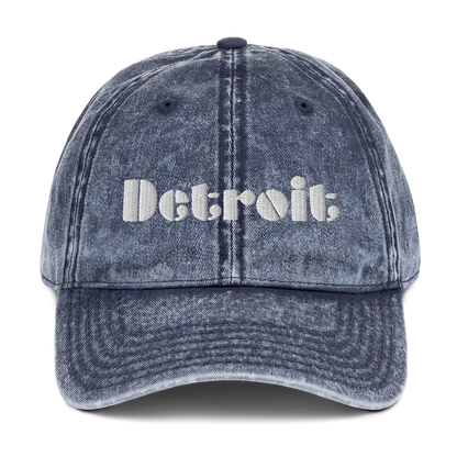 'Detroit' Vintage Baseball Cap (Art Deco Font) | White/Black Embroidery