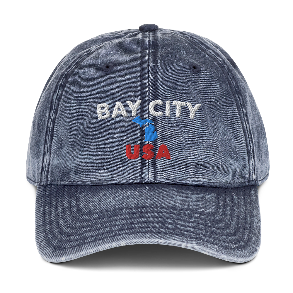 'Bay City USA' Vintage Baseball Cap (w/ Michigan Outline)