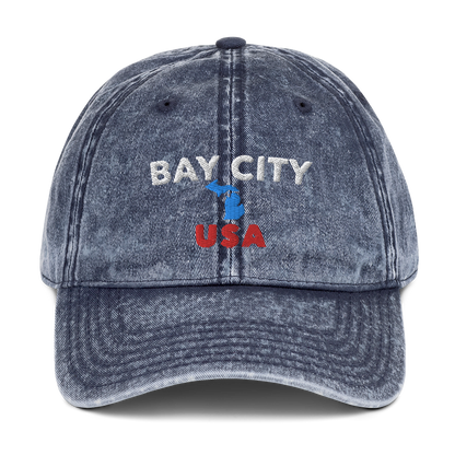 'Bay City USA' Vintage Baseball Cap (w/ Michigan Outline)