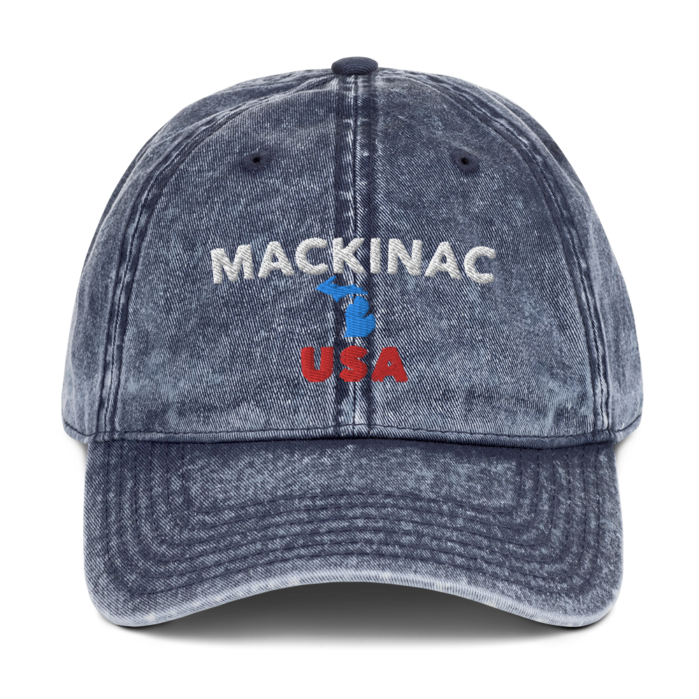 'Mackinac USA' Vintage Baseball Cap (w/ Michigan Outline)