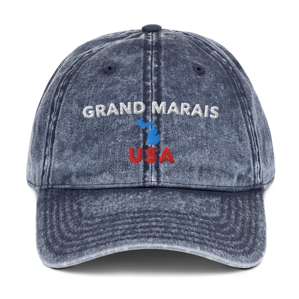 'Grand Marais USA' Vintage Baseball Cap (w/ Michigan Outline)