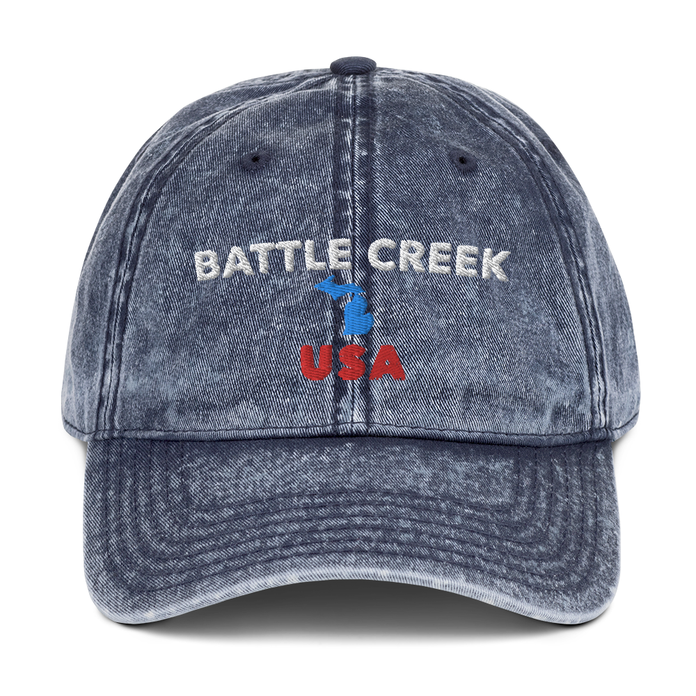 'Battle Creek USA' Vintage Baseball Cap (w/ Michigan Outline)