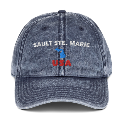 'Sault Ste. Marie USA' Vintage Baseball Cap (w/ Michigan Outline)