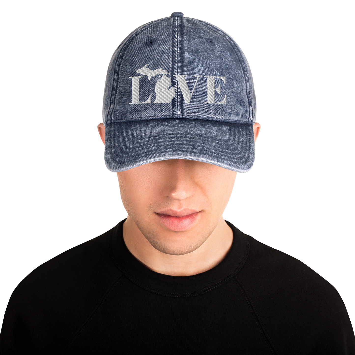 Michigan 'Love' Vintage Baseball Cap (Didone Font) | White Embroidery