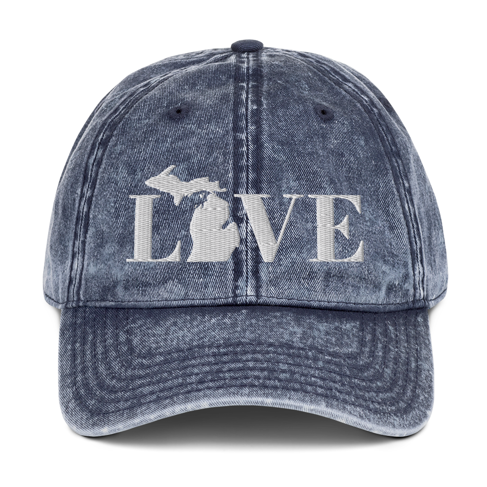 Michigan 'Love' Vintage Baseball Cap (Didone Font) | White Embroidery