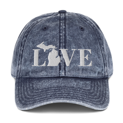 Michigan 'Love' Vintage Baseball Cap (Didone Font) | White Embroidery