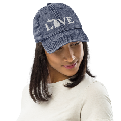 Michigan 'Love' Vintage Baseball Cap (Woodcut Font) | White Embroidery