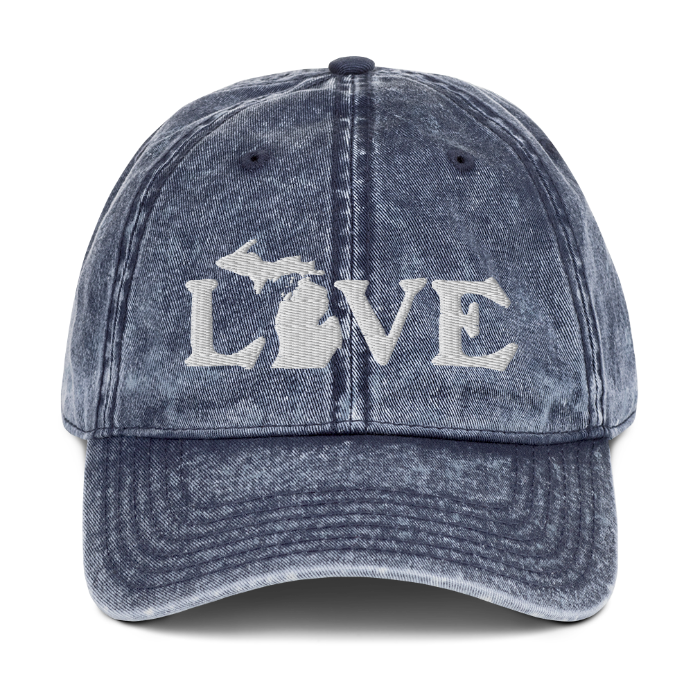 Michigan 'Love' Vintage Baseball Cap (Woodcut Font) | White Embroidery