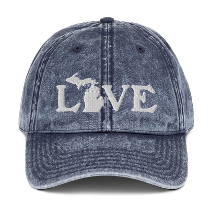 Michigan 'Love' Vintage Baseball Cap (Woodcut Font) | White Embroidery