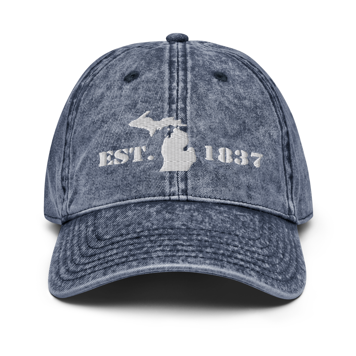 Michigan 'EST 1837' Vintage Baseball Cap (Army Font w/ MI Outline) | White Embroidery