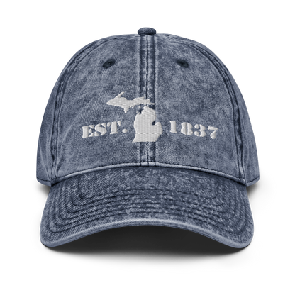 Michigan 'EST 1837' Vintage Baseball Cap (Army Font w/ MI Outline) | White Embroidery