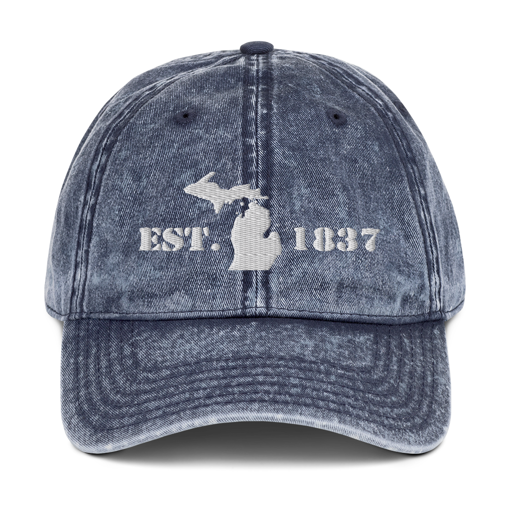 Michigan 'EST 1837' Vintage Baseball Cap (Army Font w/ MI Outline) | White Embroidery