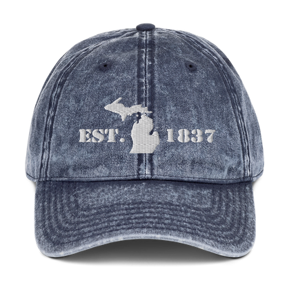 Michigan 'EST 1837' Vintage Baseball Cap (Army Font w/ MI Outline) | White Embroidery