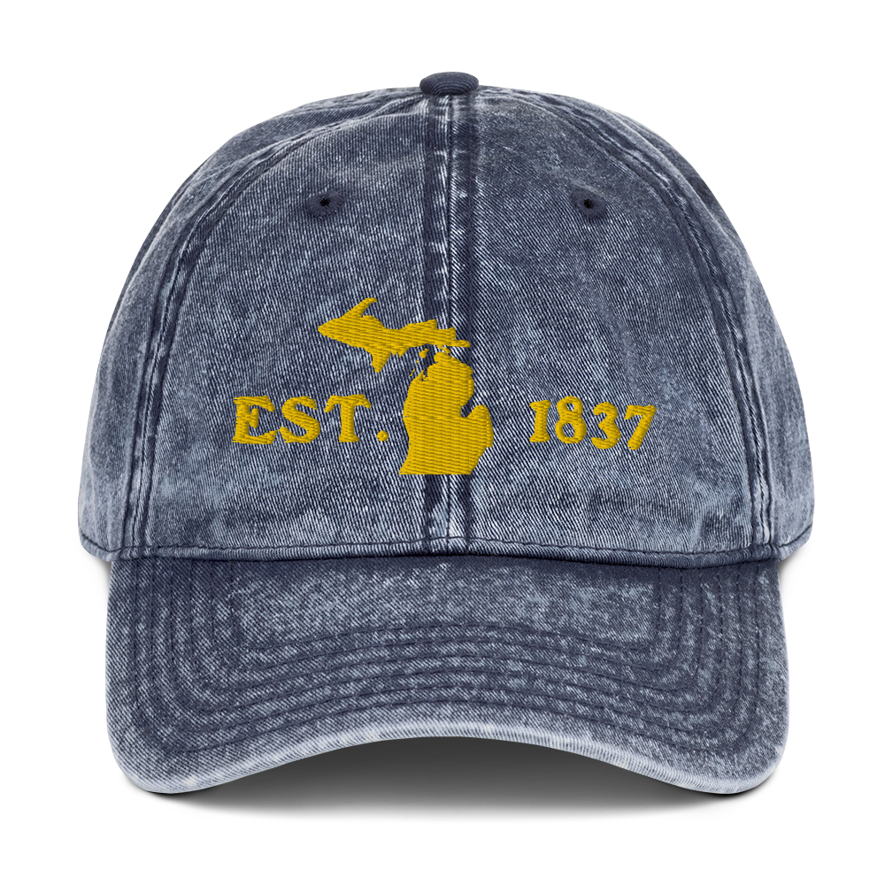 Michigan 'EST 1837' Vintage Baseball Cap (Woodcut Font w/ MI Outline) | Gold Embroidery