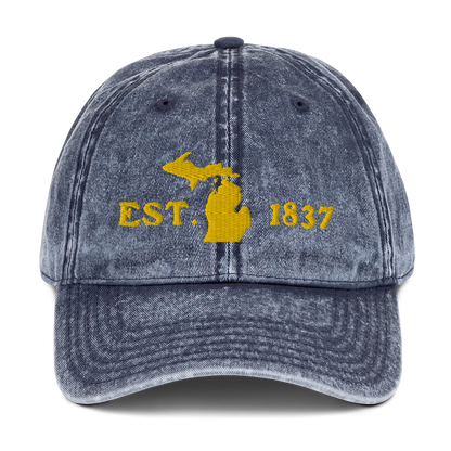 Michigan 'EST 1837' Vintage Baseball Cap (Woodcut Font w/ MI Outline) | Gold Embroidery