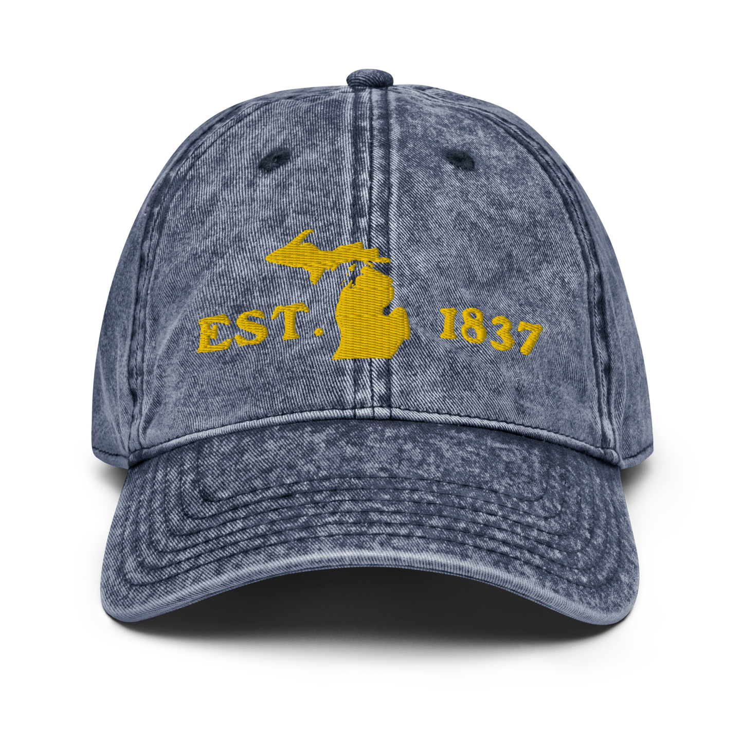 Michigan 'EST 1837' Vintage Baseball Cap (Woodcut Font w/ MI Outline) | Gold Embroidery