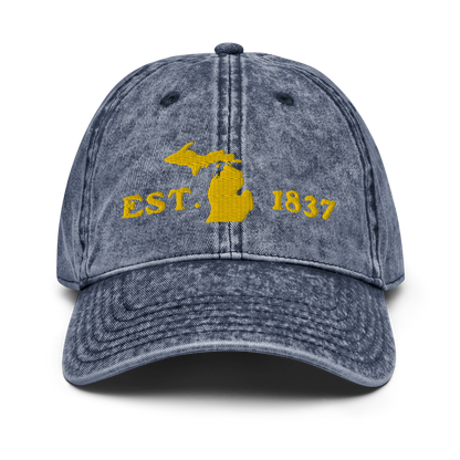 Michigan 'EST 1837' Vintage Baseball Cap (Woodcut Font w/ MI Outline) | Gold Embroidery