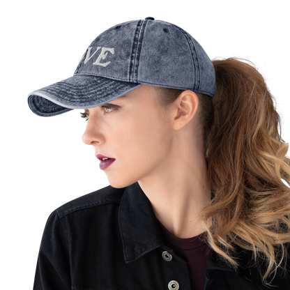 Michigan 'Love' Vintage Baseball Cap (Woodcut Font) | White Embroidery