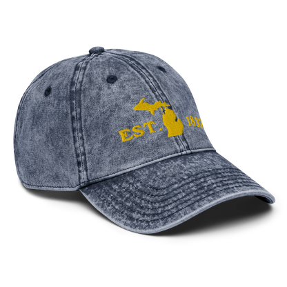 Michigan 'EST 1837' Vintage Baseball Cap (Woodcut Font w/ MI Outline) | Gold Embroidery