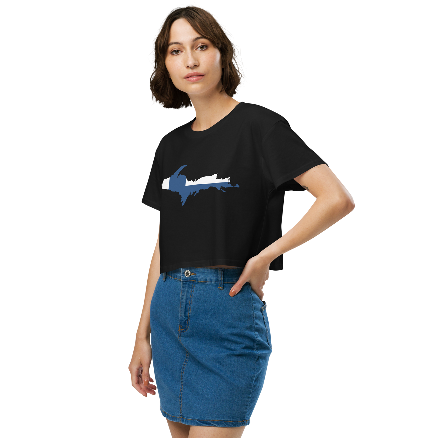 Michigan Upper Peninsula Relaxed Crop Top (w/ UP Finland Flag Outline)