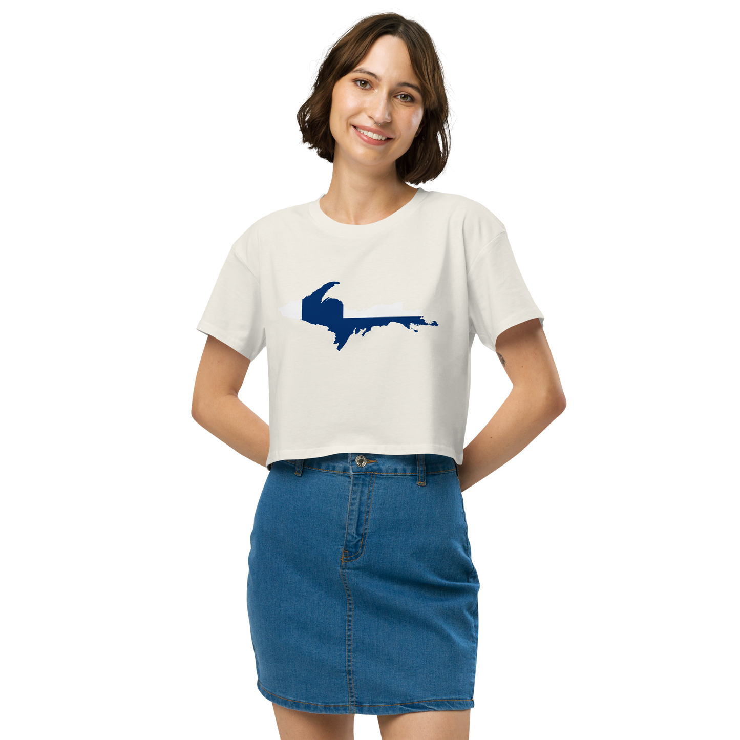 Michigan Upper Peninsula Relaxed Crop Top (w/ UP Finland Flag Outline)