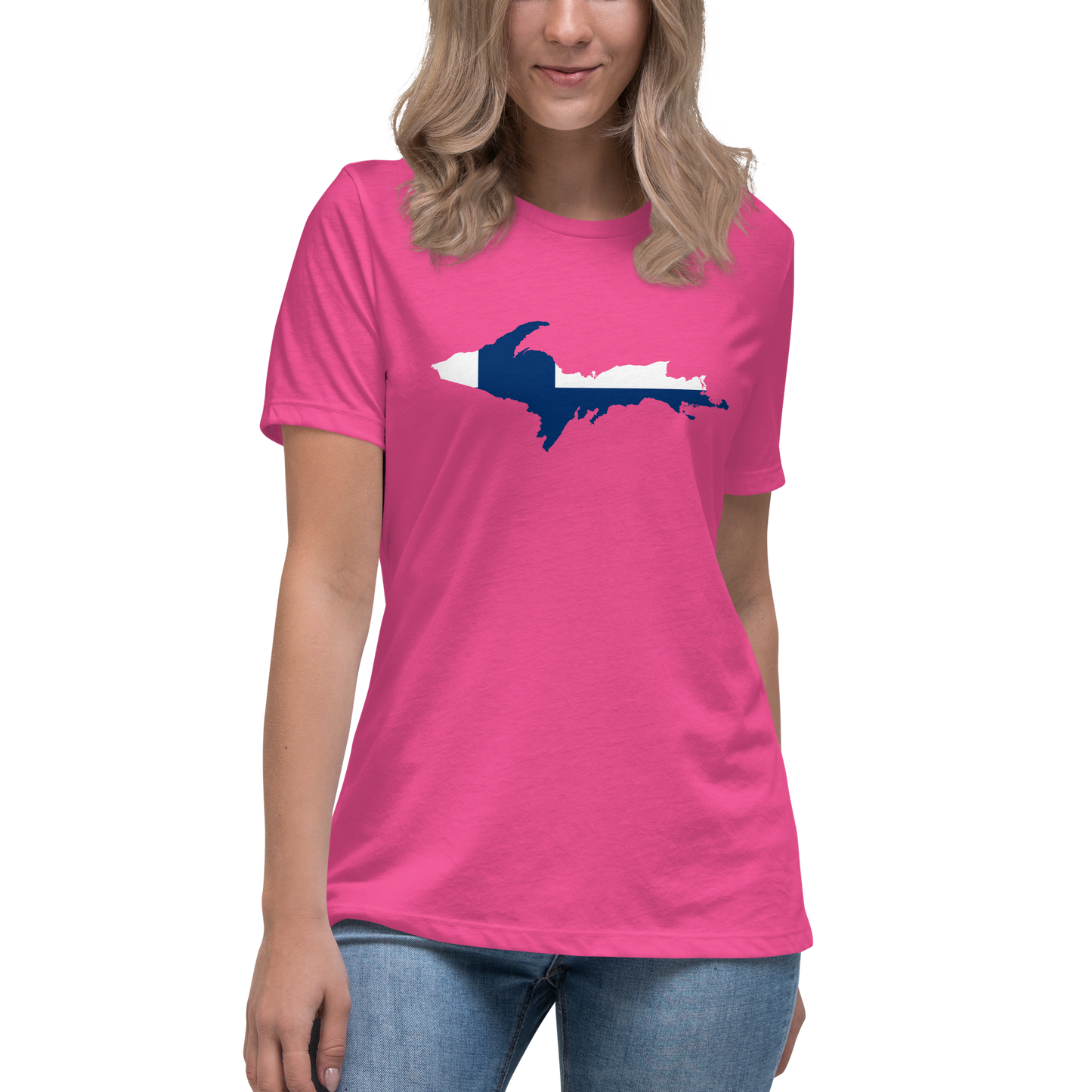 Michigan Upper Peninsula T-Shirt (w/ UP Finland Flag Outline) | Women's Relaxed Fit