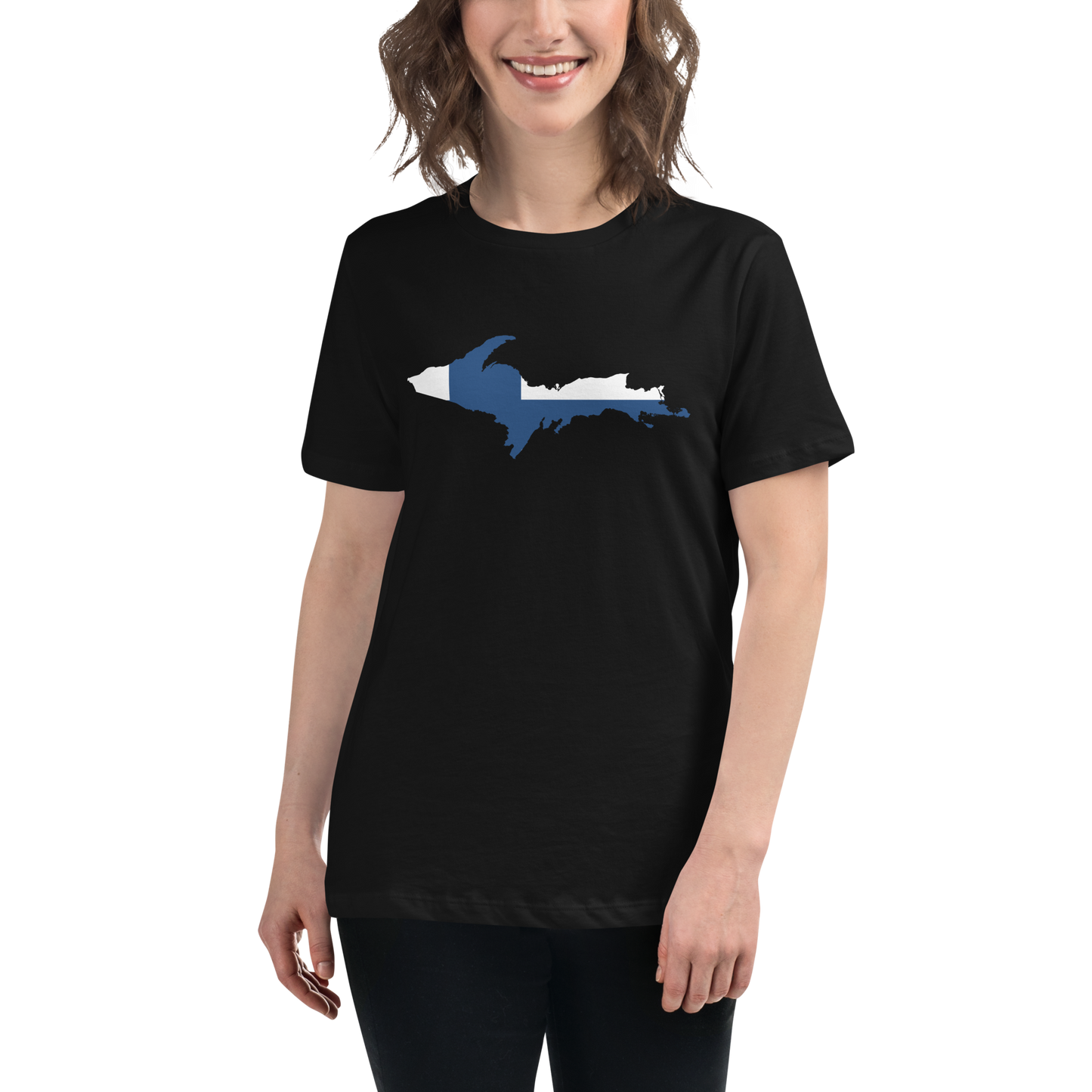 Michigan Upper Peninsula T-Shirt (w/ UP Finland Flag Outline) | Women's Relaxed Fit