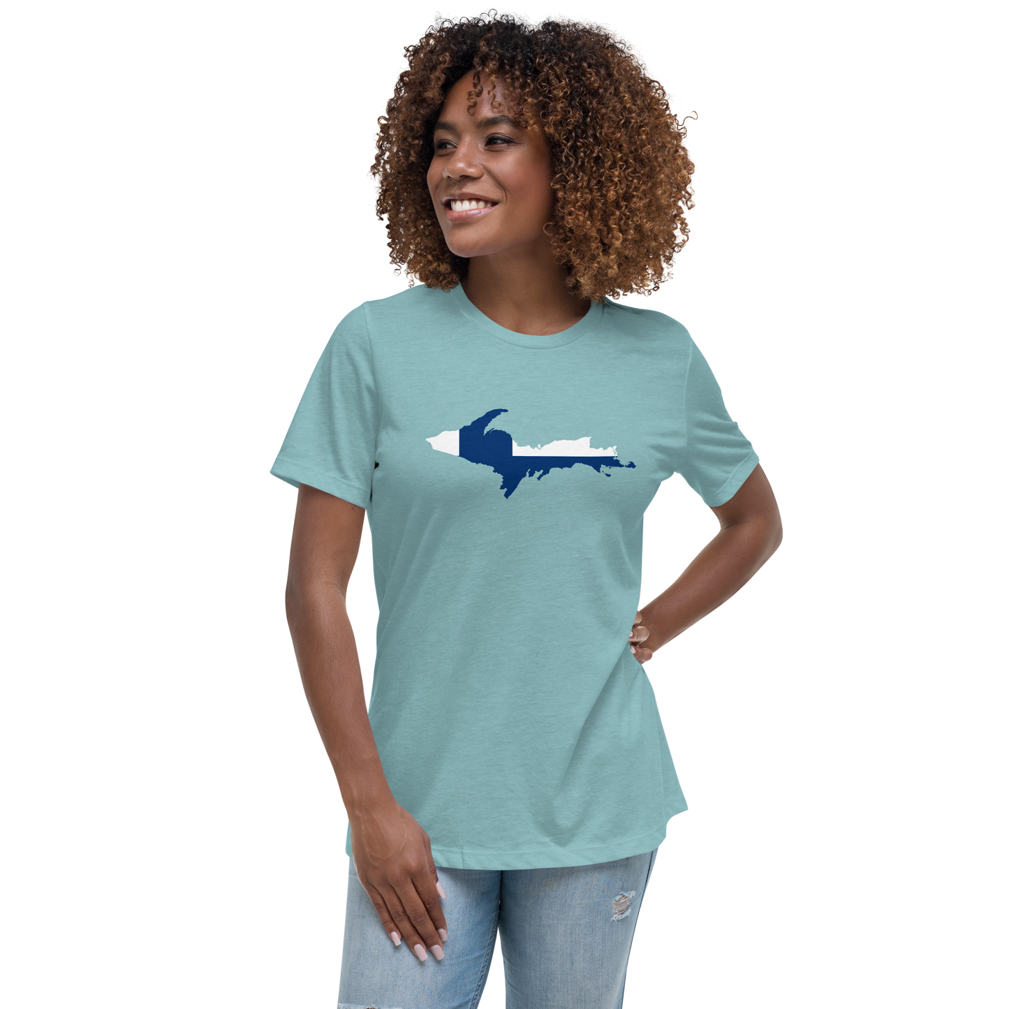 Michigan Upper Peninsula T-Shirt (w/ UP Finland Flag Outline) | Women's Relaxed Fit