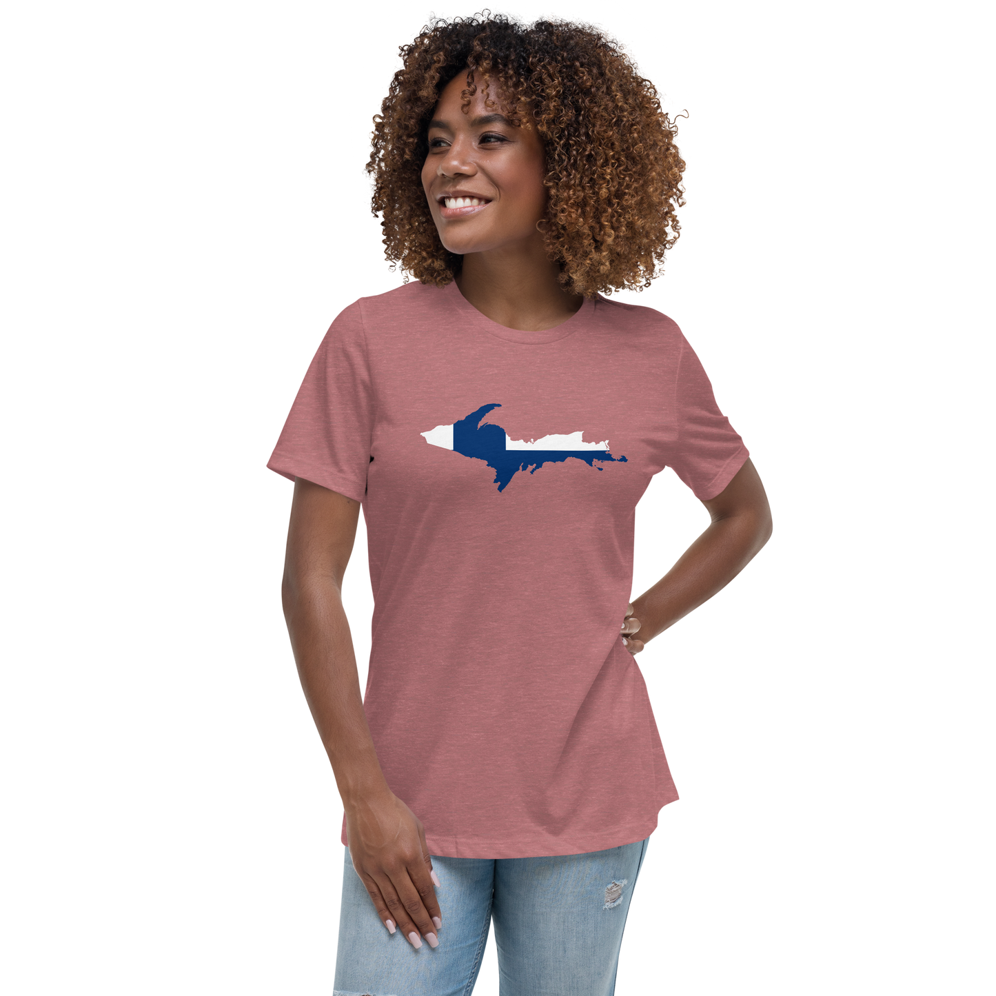 Michigan Upper Peninsula T-Shirt (w/ UP Finland Flag Outline) | Women's Relaxed Fit