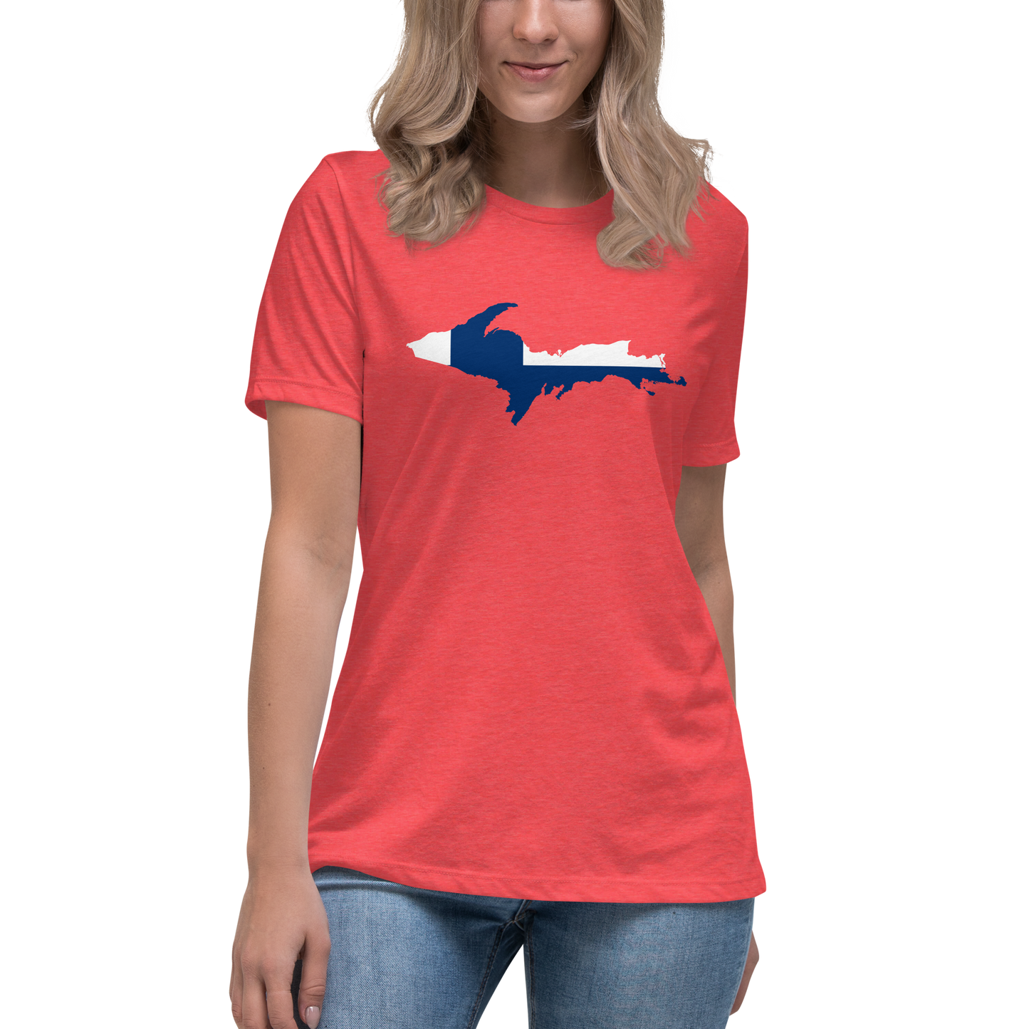 Michigan Upper Peninsula T-Shirt (w/ UP Finland Flag Outline) | Women's Relaxed Fit