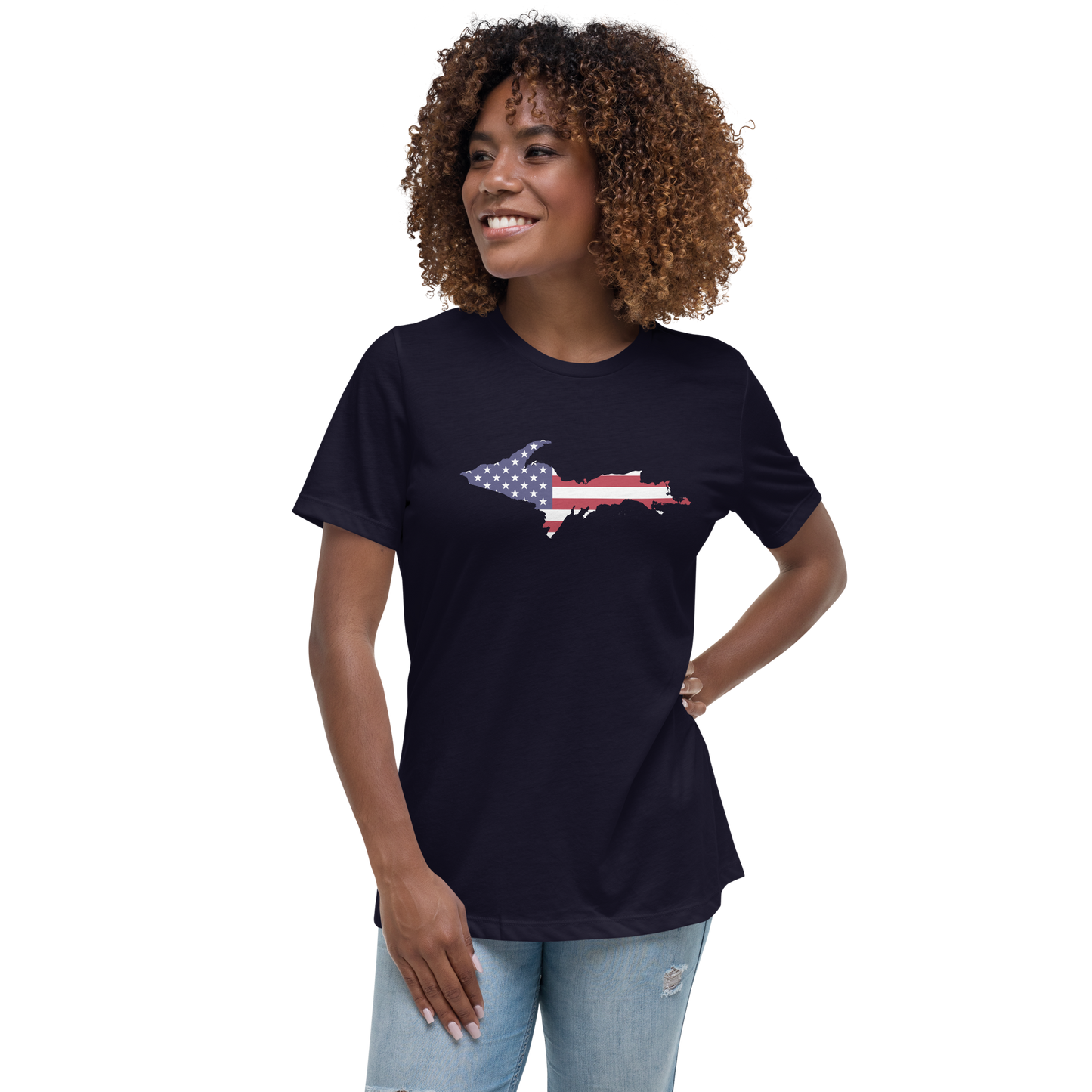 Michigan Upper Peninsula T-Shirt (w/ UP USA Flag Outline) | Women's Relaxed Fit