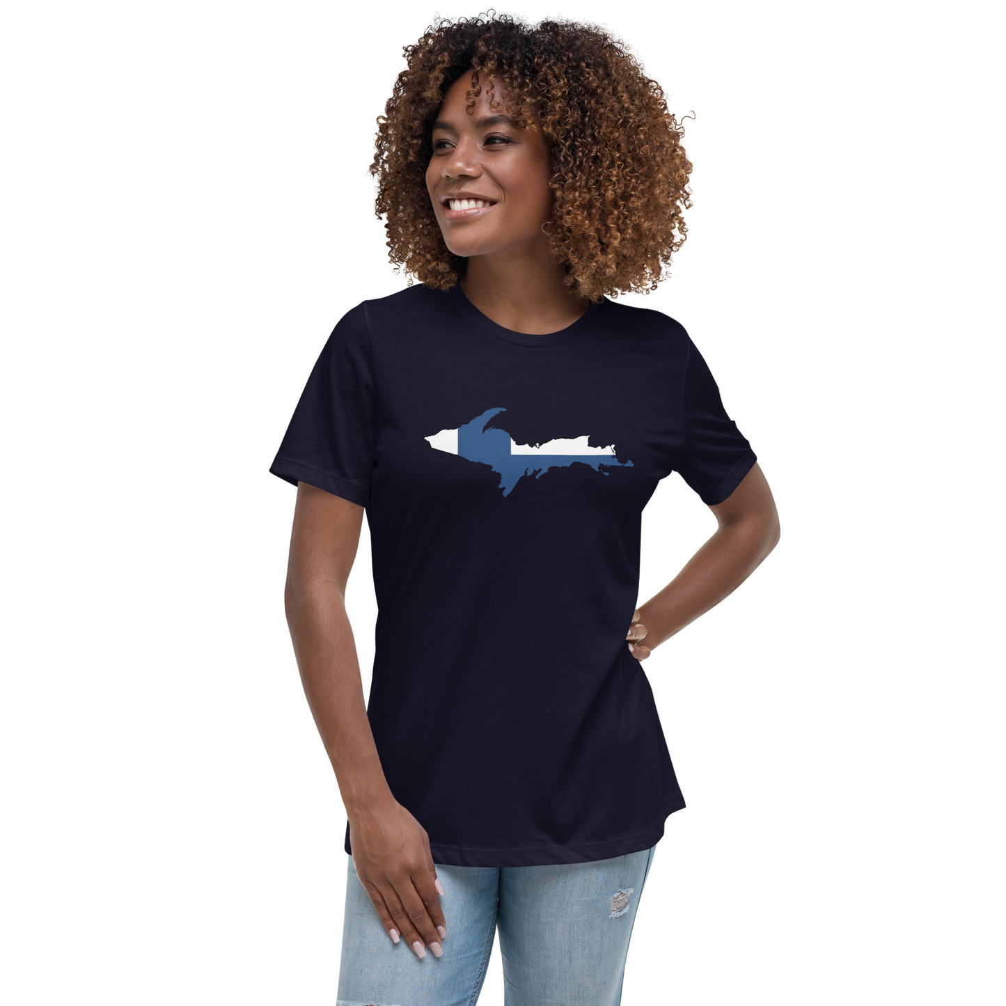 Michigan Upper Peninsula T-Shirt (w/ UP Finland Flag Outline) | Women's Relaxed Fit